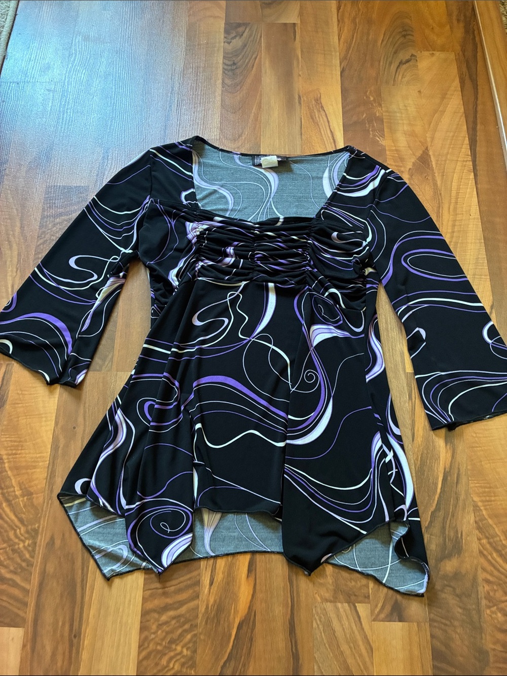 Black & Purple Swirl Ruched Empire-Waist Tunic Top